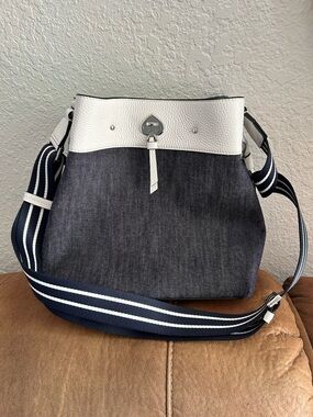 kate spade navy and white canvas bucket shoulder bag with striped strap